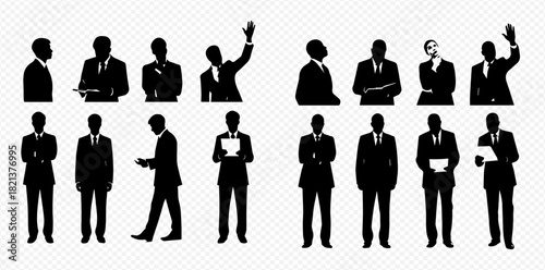 Collection of black silhouettes depicting professional businessmen in different actions and poses.