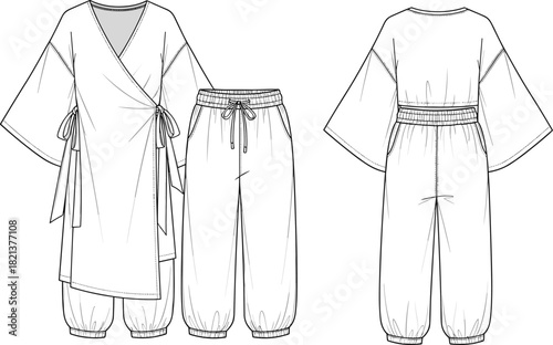 Modern wrap-style kimono top and relaxed cuffed pants fashion flat sketch showcasing front and back technical design details for apparel development