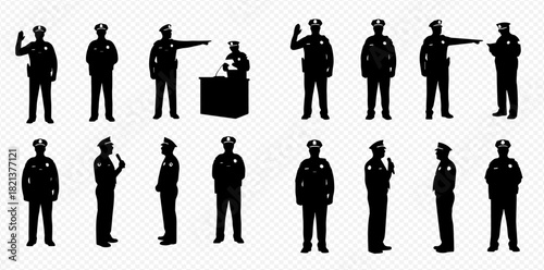 Silhouettes of police officers in various poses, including standing, saluting, pointing, and one at a desk, representing law enforcement.