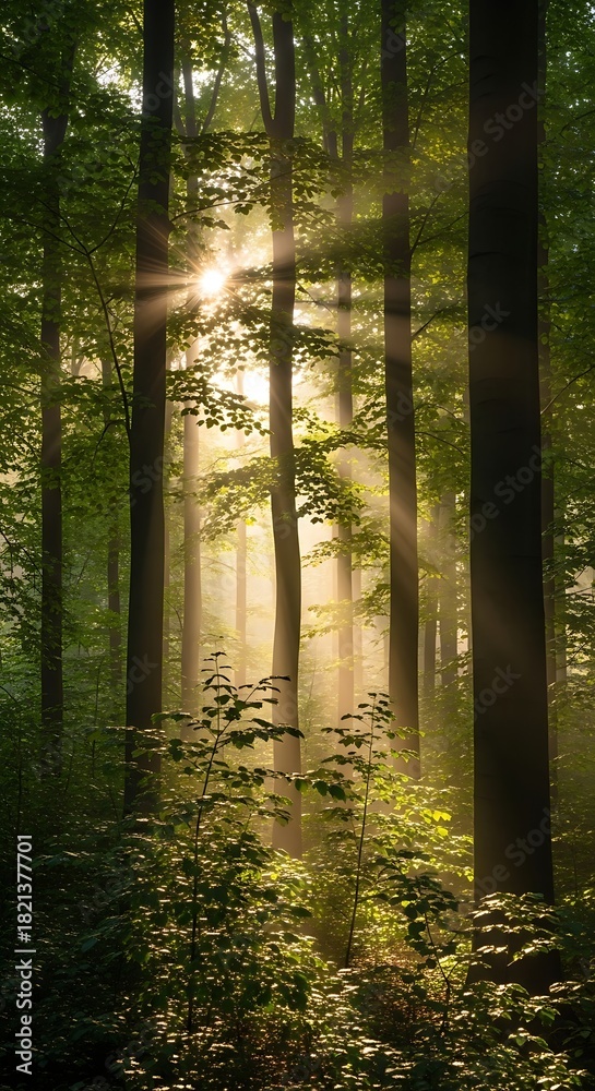 Fototapeta premium Morning sunlight filtering through tall trees in a peaceful woodland.