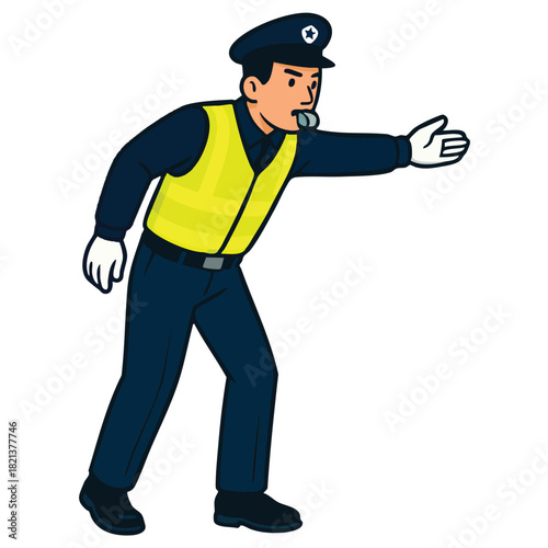 Police officer directing traffic with a whistle and stop hand signal, wearing uniform and a safety vest.