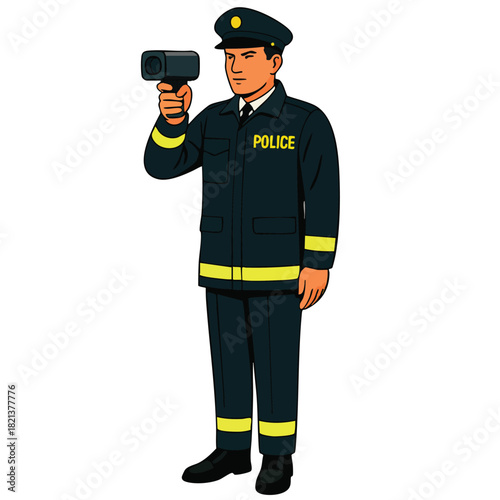Police officer illustration holding a radar gun for speed detection, enforcing traffic laws and public safety.