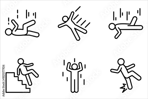 Falling person set. Caution sign on white background