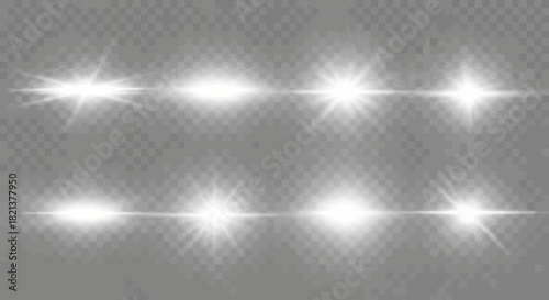Collection of bright white lens flares and light effects on transparent background