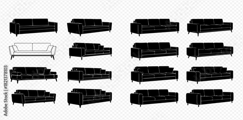 A collection of black silhouette sofas and one outline sofa, showcasing various furniture designs on a transparent background.