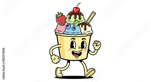 Cartoon Ice Cream Sundae Character Walking with Joy Dessert Mascot