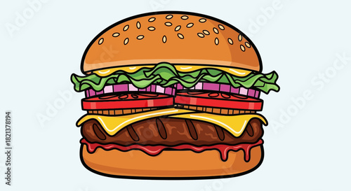 Delicious Cartoon Burger with Fresh Ingredients Perfect for Fast Food Concepts