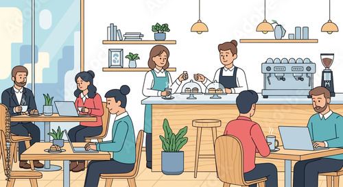 Modern Coffee Shop Scene People Working Relaxing with Barista Serving Drinks