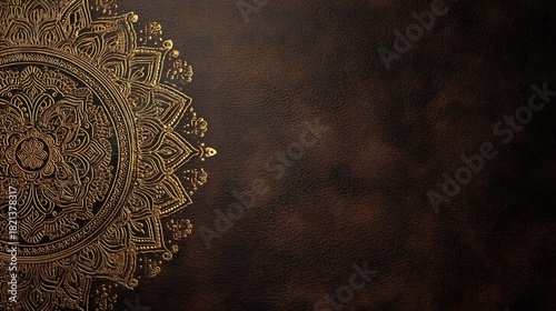 Gold mandala on brown textured background.