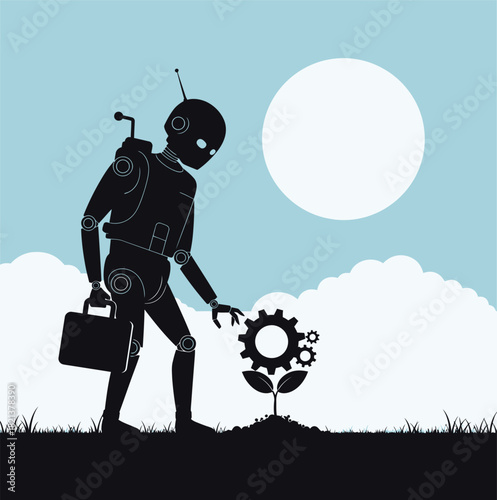 Robot holding a gear in a workshop, representing innovation and technological advancement