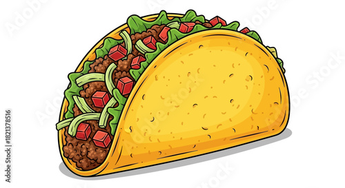 Delicious Taco with Ground Beef Lettuce Tomatoes and Cheese Vector Illustration