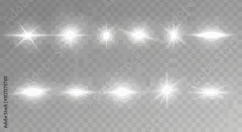 Collection of bright white lens flares and light effects on transparent background