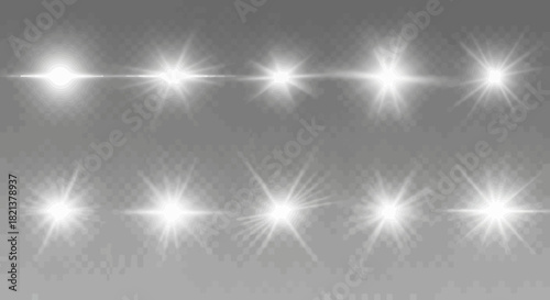 Collection of bright white lens flare effects on transparent background