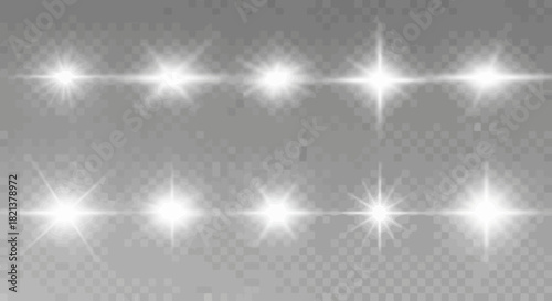 Realistic lens flare collection with glowing light effects on transparent background