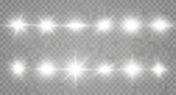 Collection of realistic white lens flares and light effects on transparent background