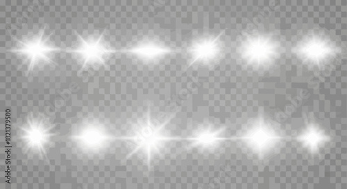 Collection of realistic white lens flares and light effects on transparent background