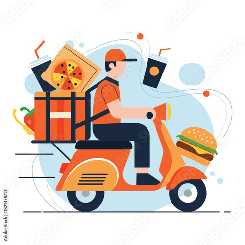 Food delivery person riding a scooter with pizza, burger, and drinks for fast service