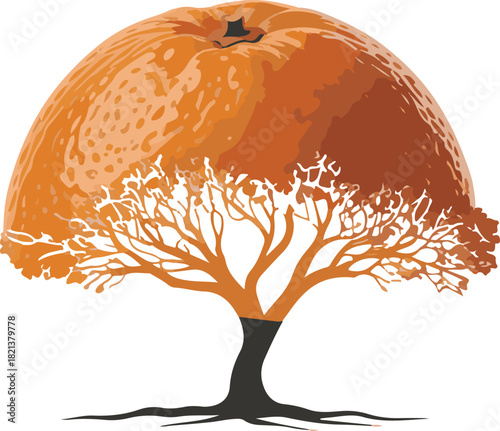 Surreal tree with an orange for a crown and roots on a white background