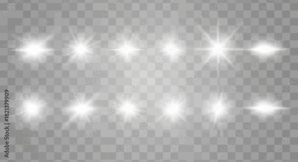 Fototapeta premium Collection of sparkling white lens flares on a transparent background for design