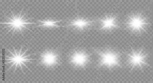 Collection of sparkling white light effects on a transparent background for design