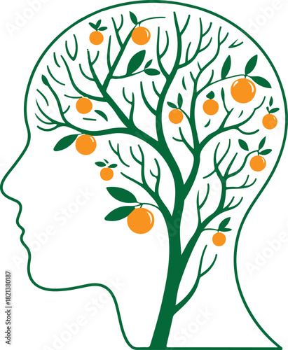 Orange tree growing inside human head concept art