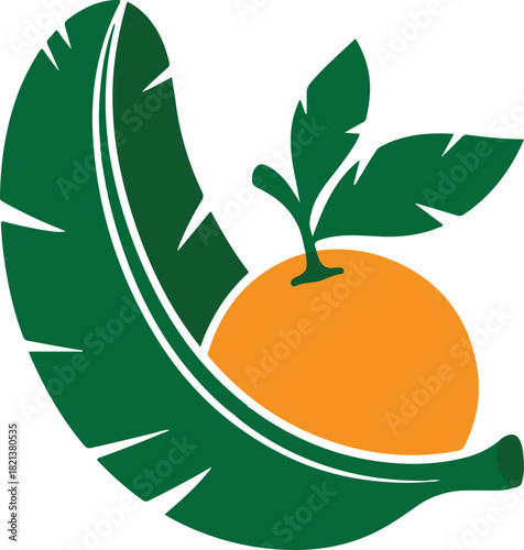 Vibrant tropical fruit logo featuring an orange and green banana leaf