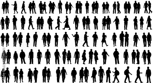 Diverse crowd silhouettes people walking standing and interacting in black and white