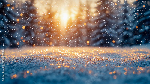 A snow-covered spruce forest and a sparkling snowy meadow during a gentle snowfall, with a warm winter light in the background, creating an abstract winter Christmas landscape.
