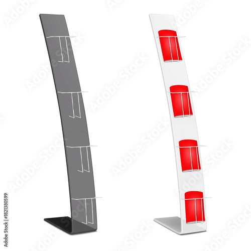 Metal literature display floor stand. Black and white. Realistic 3d vector mockup. Vertical open storage rack. Mock-up. Brochure, catalogue, magazine, leaflet, flyer holder. Template for design