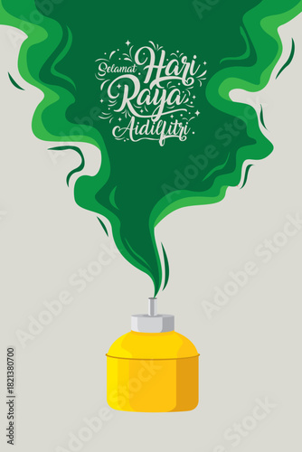 Vector illustration of Hari Raya Aidilfitri celebration greeting card. Oil lamp and smokey background with Eid greetings