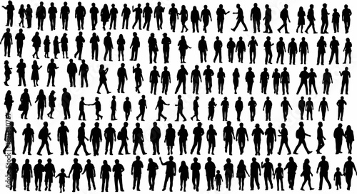 Diverse crowd silhouettes people standing walking and interacting in black and white