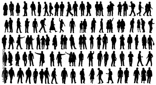 Crowd of people silhouettes in various poses standing walking and interacting