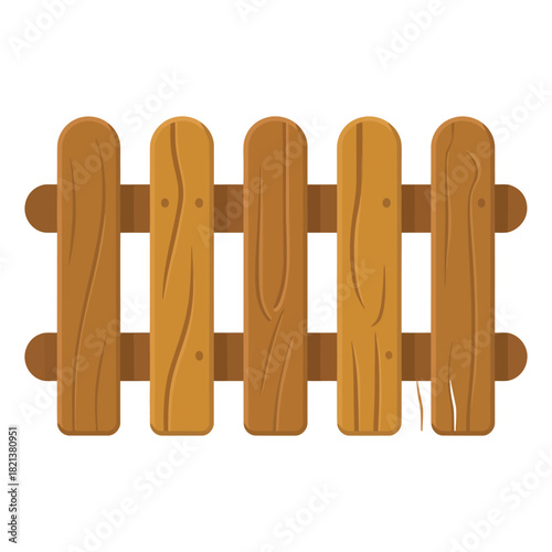Cartoon wooden picket fence section with five vertical planks and horizontal rails, isolated on white background