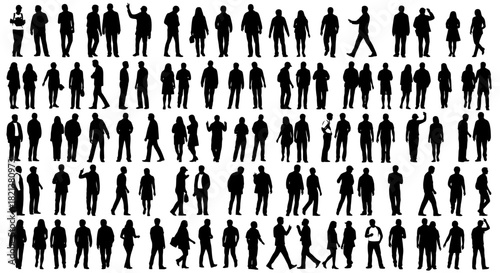 Diverse crowd silhouettes business people and casual individuals in various poses