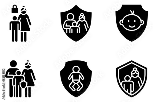 Parental control icon set, parental guidance icon, Parent kid shield icon on white background