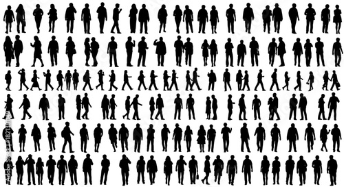 Diverse crowd silhouettes business people and casual individuals in various poses and activities