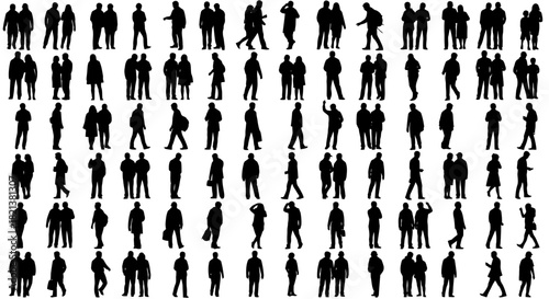 Collection of black and white human silhouettes standing and walking in various poses