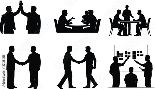 Silhouetted business people in various interactions high five meeting handshake presentation