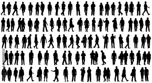 Diverse crowd silhouette collection people walking standing and interacting in black and white