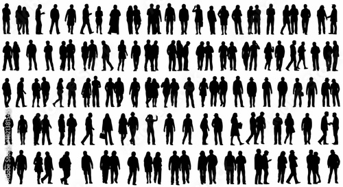 Diverse crowd silhouettes people walking standing and interacting in black and white