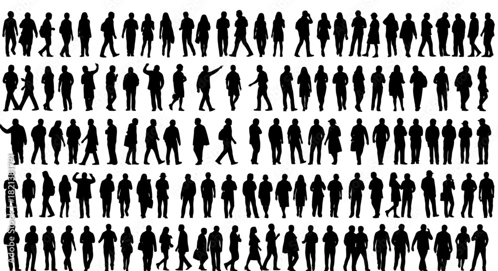 Naklejka premium Diverse crowd silhouettes a collection of people standing and walking in black
