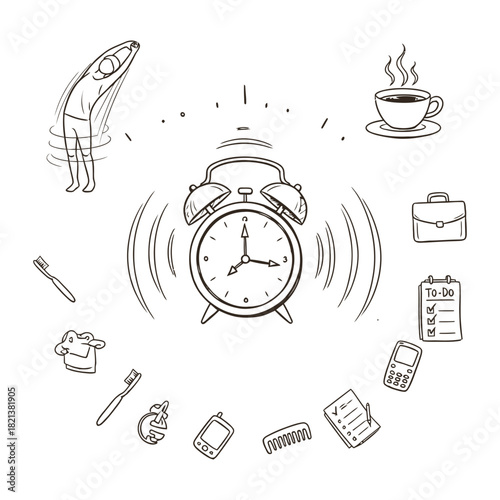 Alarm clock surrounded by morning routine items, handdrawn sketch isolated on white background