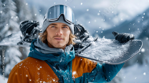 A young man in winter clothes and snowboarding goggles carrying a snowboard on his shoulder. Winter mountain recreation, an active lifestyle.