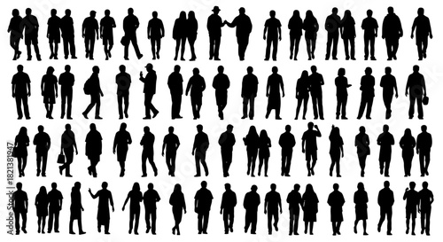 Silhouette crowd of people walking and standing in various poses and positions