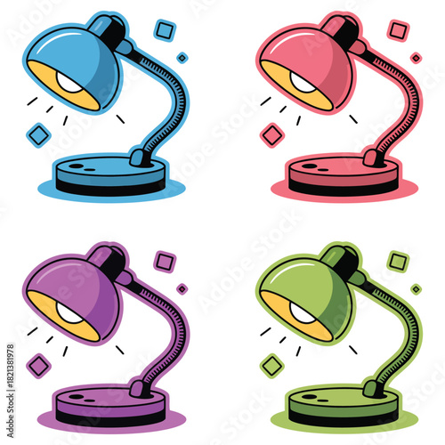 Set of four colorful desk lamps with adjustable gooseneck in blue, pink, purple, and green colors, isolated on white background