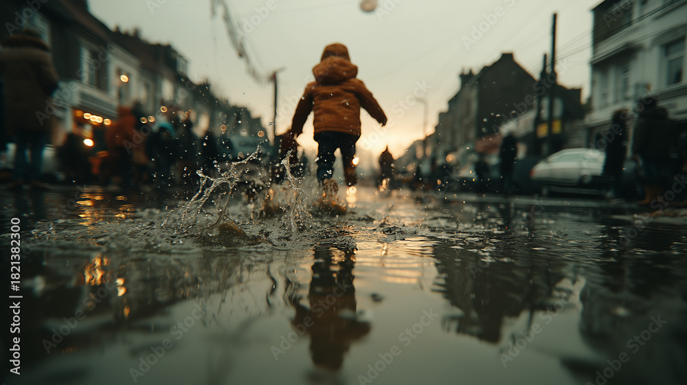 custom made wallpaper toronto digitalHappy Kid Playing in Rain Puddles on Urban Street