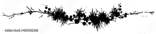Black silhouette of pine branch with berries and needles grunge vector nature divider design element