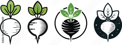 Radish vegetable icon with rounded body and leafy top illustrated in bold clean minimal food line style
