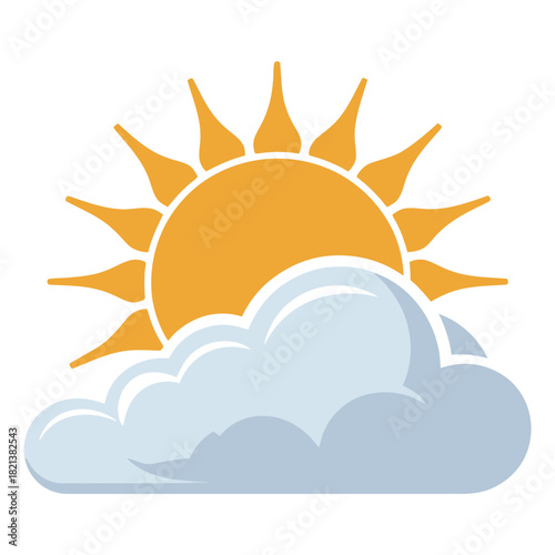 Stylized illustration of a bright orange sun partially hidden behind a fluffy light blue and white cloud, isolated on white background