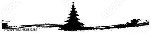 Black silhouette of winter landscape with pine tree and santa sleigh grunge vector christmas footer or divider design